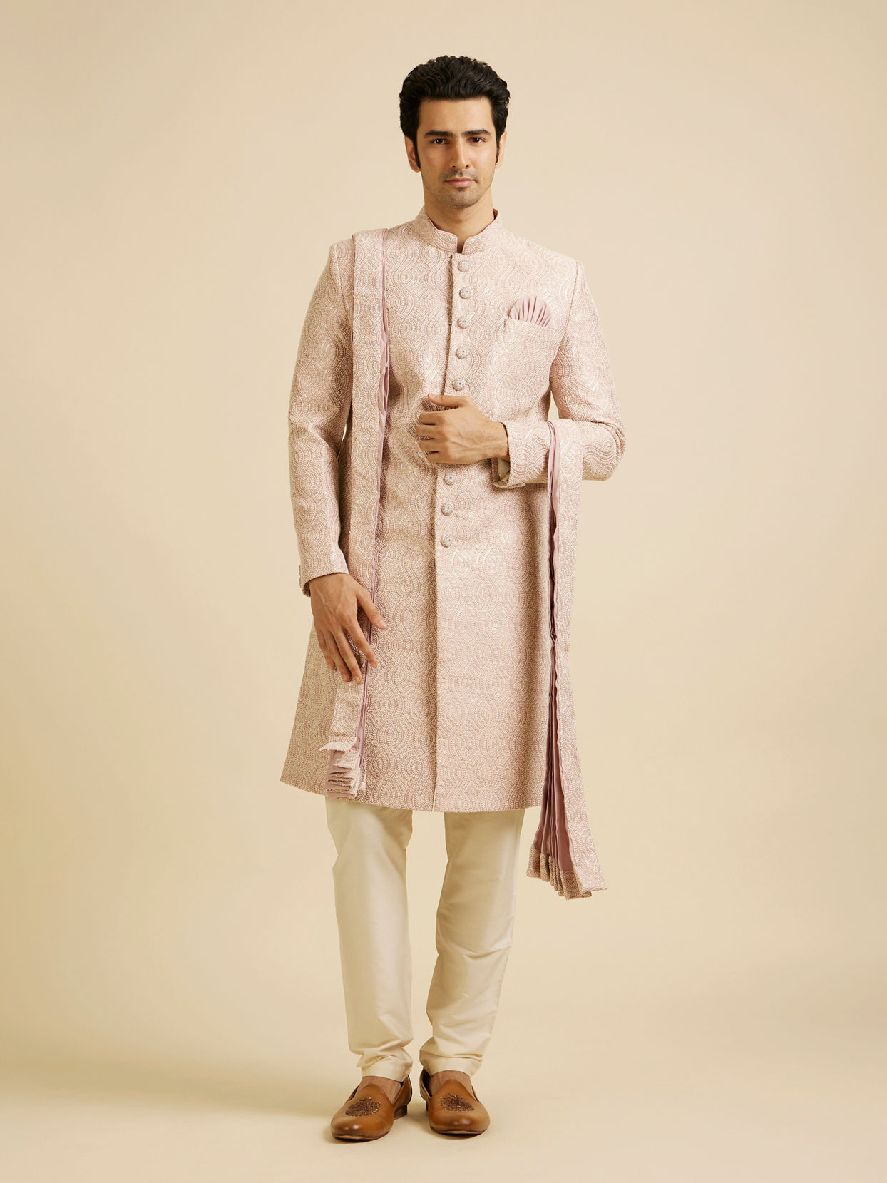 alt message - Manyavar Men Embroidered Opulence Pink Sherwani image number 2