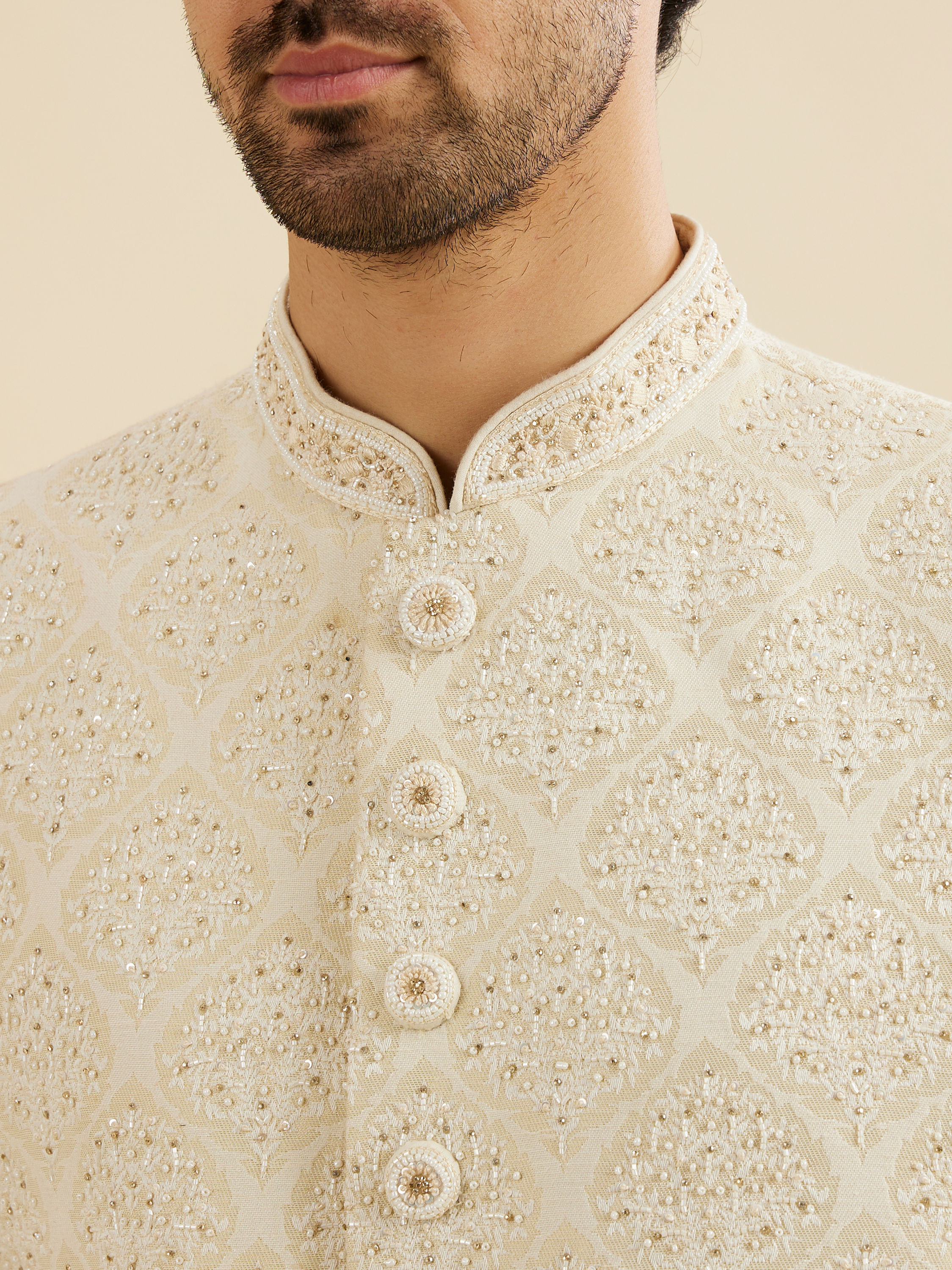 Manyavar Men Cream White Jaal Medallion Patterned Sherwani Set with Rhinestone Work