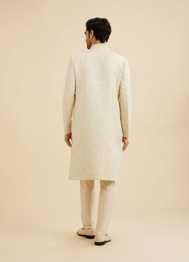 Manyavar Men Cream White Jaal Medallion Patterned Sherwani Set with Rhinestone Work
