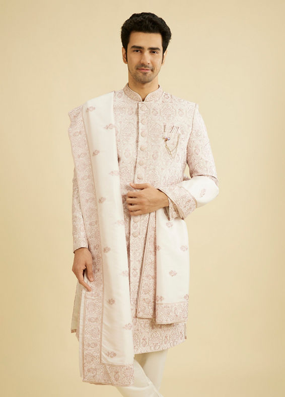 Manyavar Men Blush Pink Jaal Medallion Patterned Sherwani Set