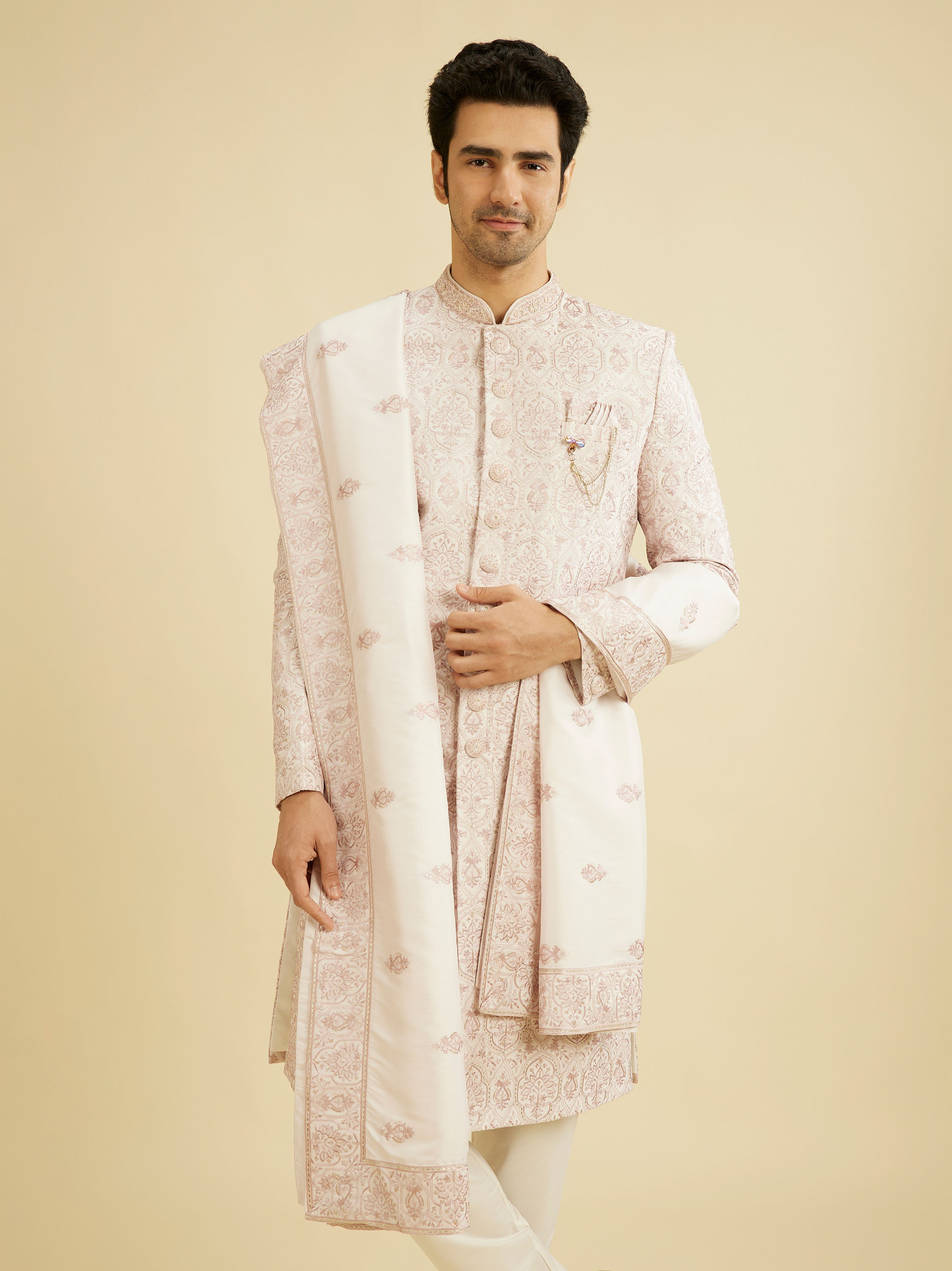 Manyavar Men Blush Pink Jaal Medallion Patterned Sherwani Set