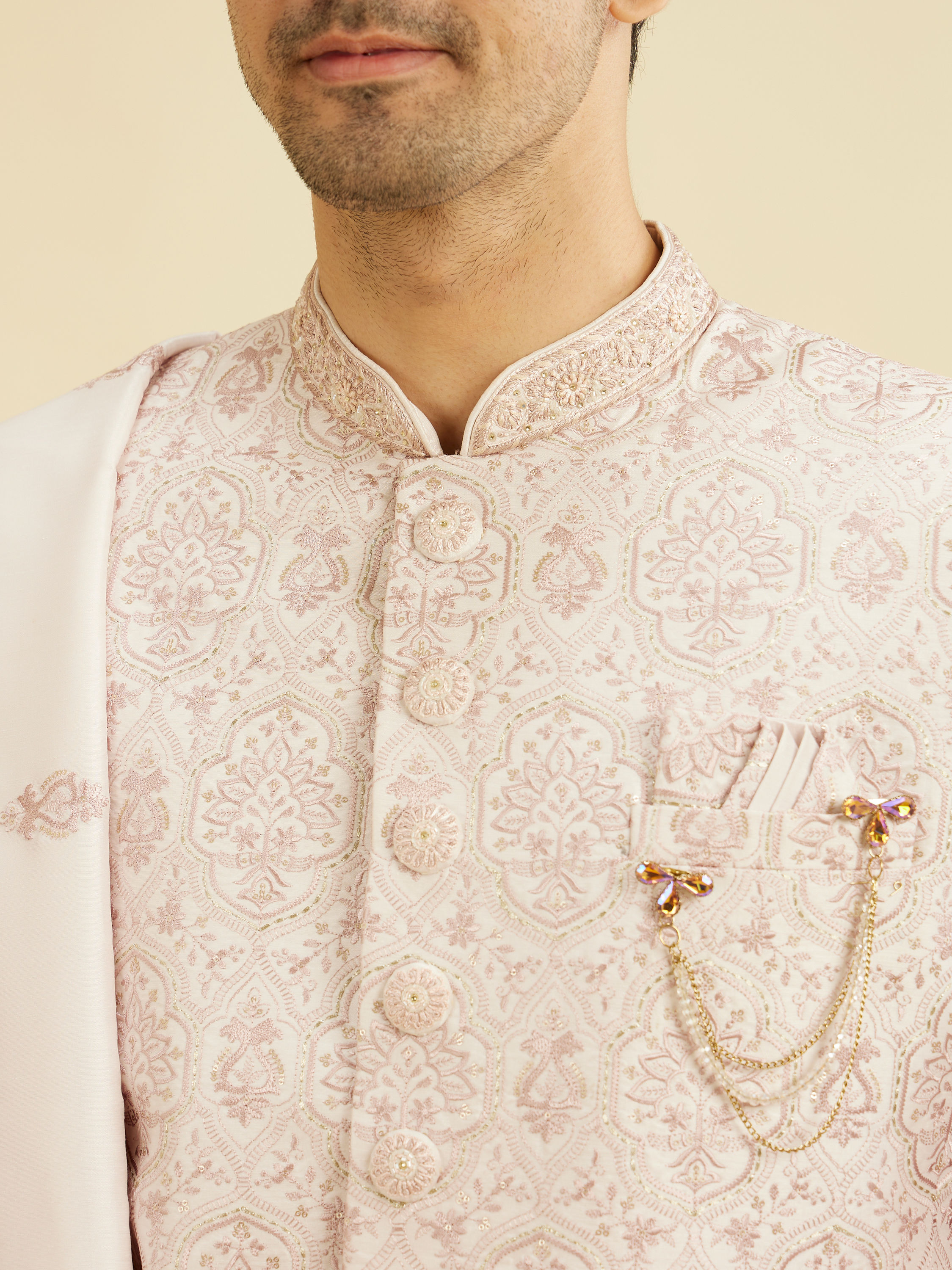 Manyavar Men Blush Pink Jaal Medallion Patterned Sherwani Set