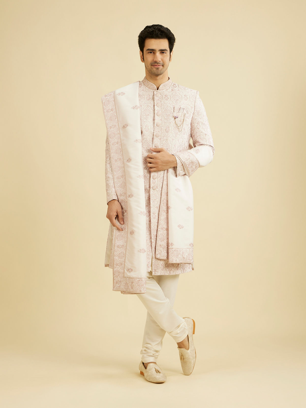 Manyavar Men Blush Pink Jaal Medallion Patterned Sherwani Set