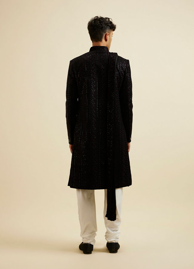 Manyavar Men Midnight Black Jaal Patterned Sequinned Sherwani Set