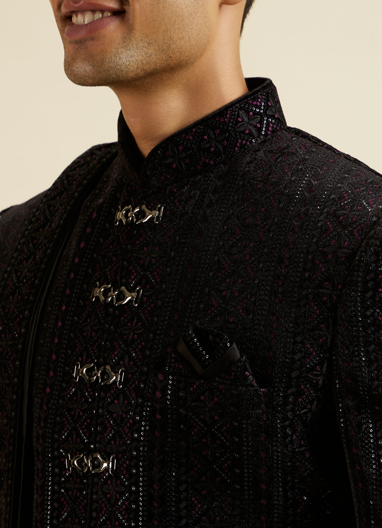 Manyavar Men Midnight Black Jaal Patterned Sequinned Sherwani Set