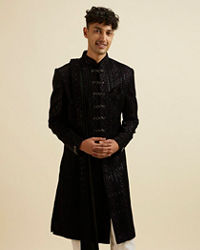 Manyavar Men Midnight Black Jaal Patterned Sequinned Sherwani Set