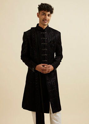 Manyavar Men Ebony Black Sequined Sherwani Set image number 0