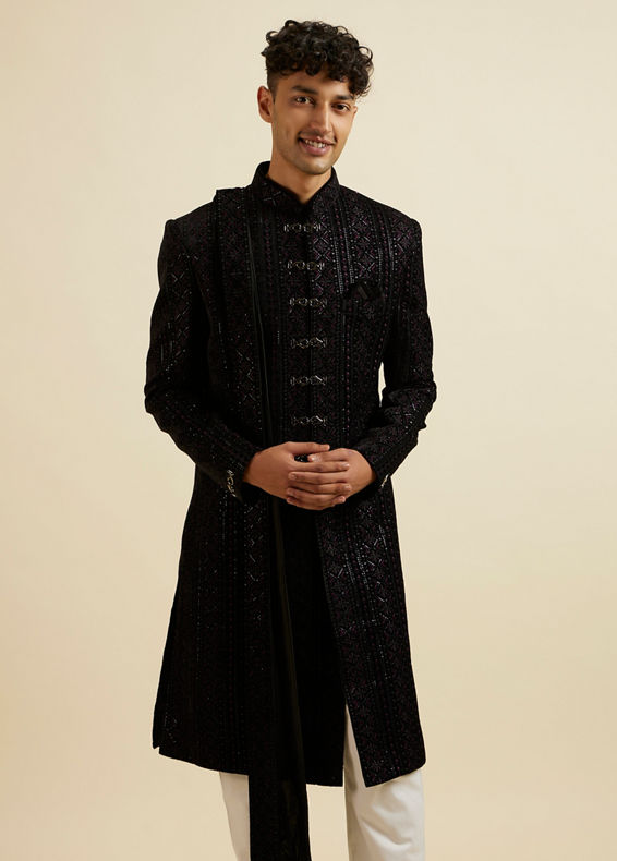 Manyavar Men Midnight Black Jaal Patterned Sequinned Sherwani Set