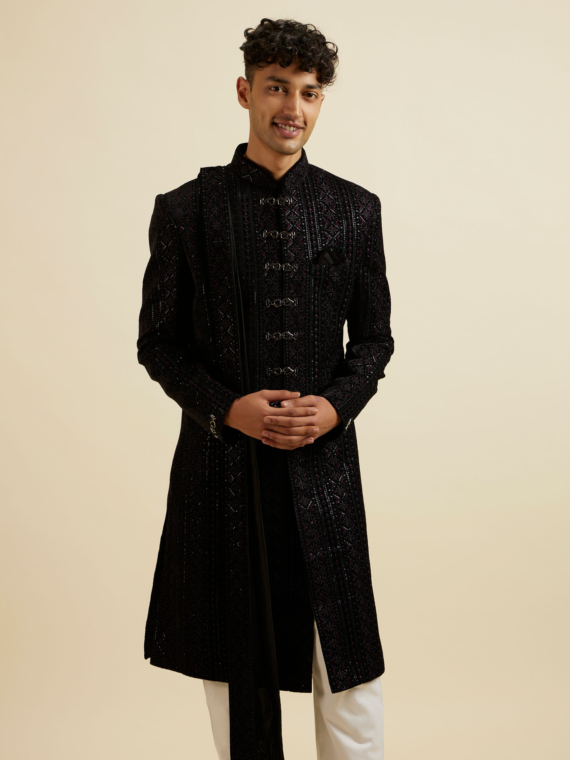 Manyavar Men Midnight Black Jaal Patterned Sequinned Sherwani Set