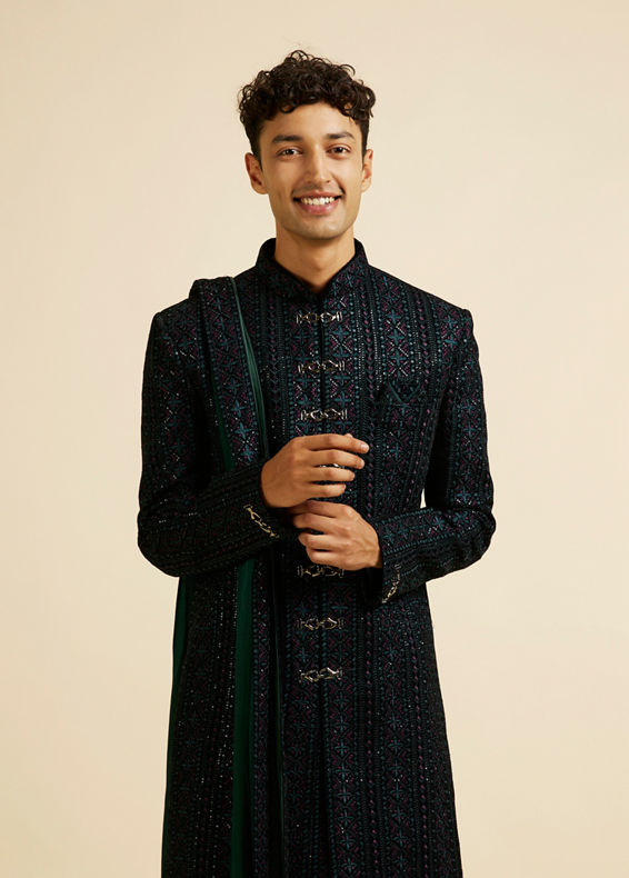 Manyavar Men Teal Green Sequined Sherwani Set