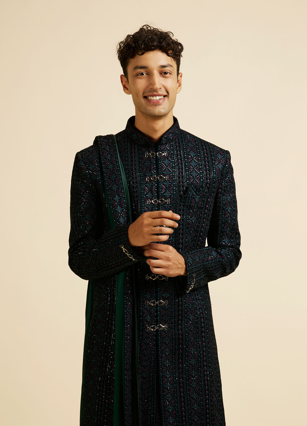 Manyavar Men Teal Green Sequined Sherwani Set