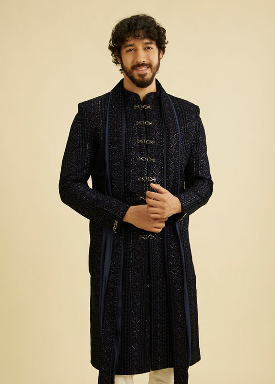 Manyavar Men Indigo Blue Jaal Patterned Sequinned Sherwani Set