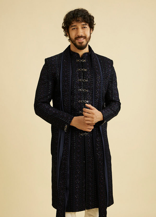 Manyavar Men Indigo Blue Jaal Patterned Sequinned Sherwani Set image number 0