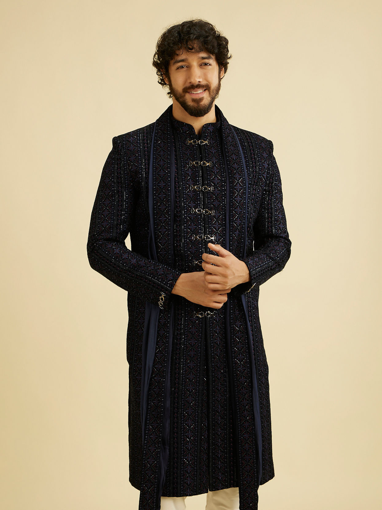 Manyavar Men Indigo Blue Jaal Patterned Sequinned Sherwani Set image number 0