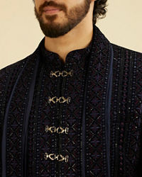 Manyavar Men Indigo Blue Jaal Patterned Sequinned Sherwani Set