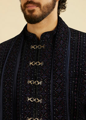 Manyavar Men Indigo Blue Jaal Patterned Sequinned Sherwani Set image number 1