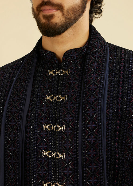 Manyavar Men Indigo Blue Jaal Patterned Sequinned Sherwani Set