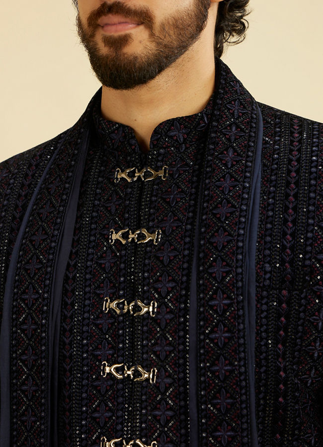 Manyavar Men Indigo Blue Jaal Patterned Sequinned Sherwani Set image number 1