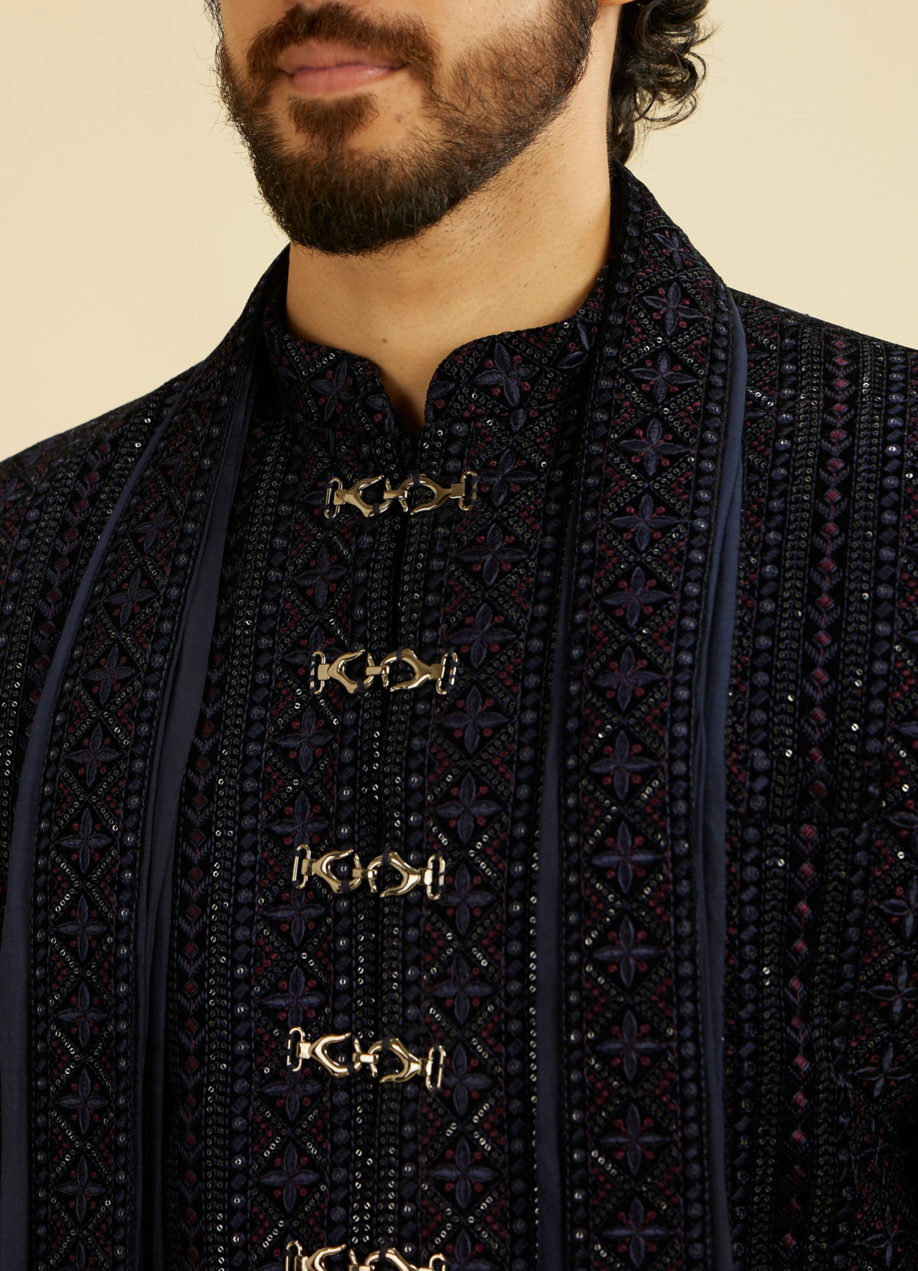 Manyavar Men Indigo Blue Jaal Patterned Sequinned Sherwani Set