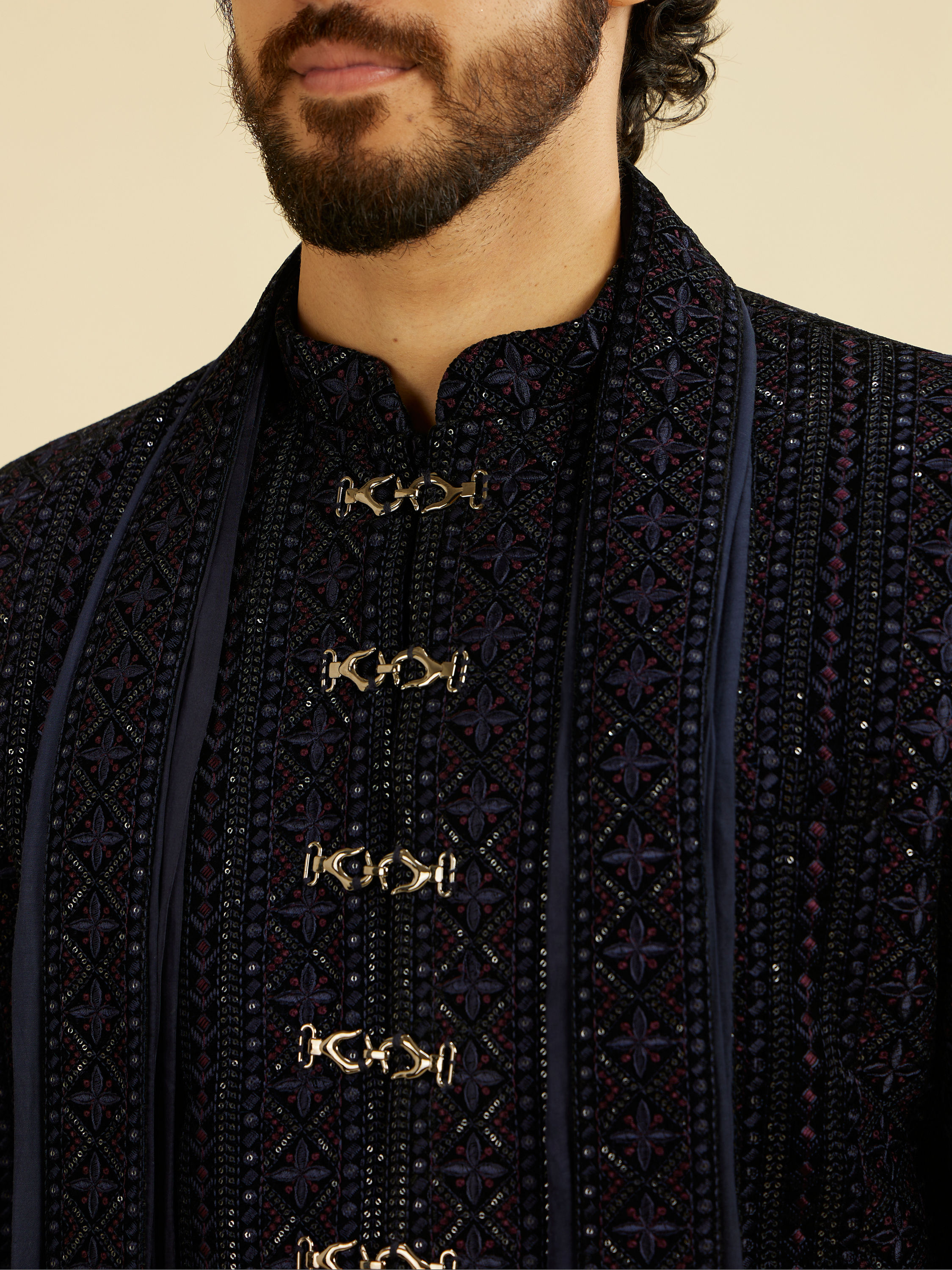 Manyavar Men Indigo Blue Jaal Patterned Sequinned Sherwani Set