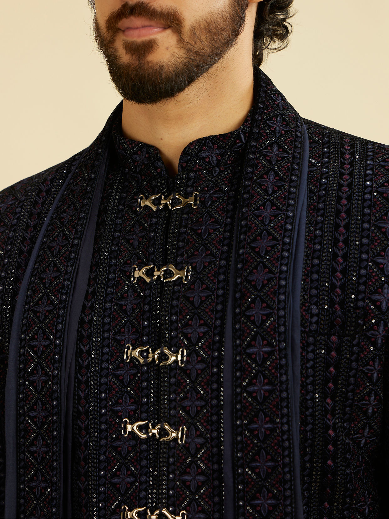 Manyavar Men Indigo Blue Jaal Patterned Sequinned Sherwani Set image number 1