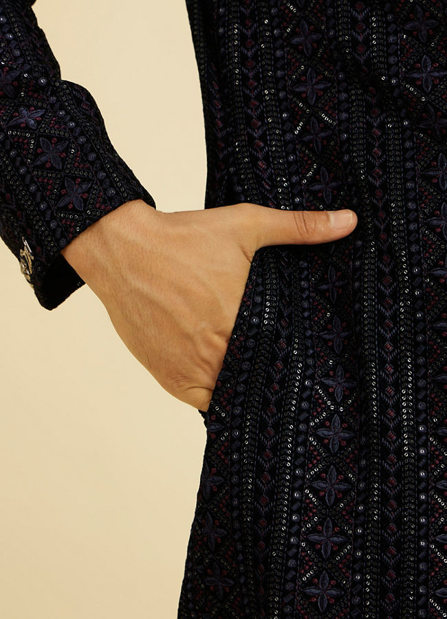 Manyavar Men Indigo Blue Jaal Patterned Sequinned Sherwani Set