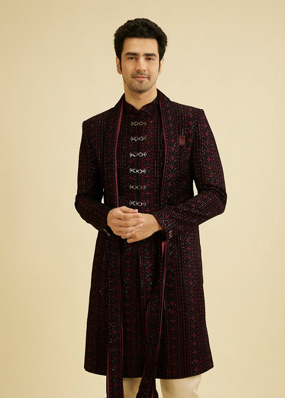 Manyavar Men Velvety Wine Elegance Sherwani