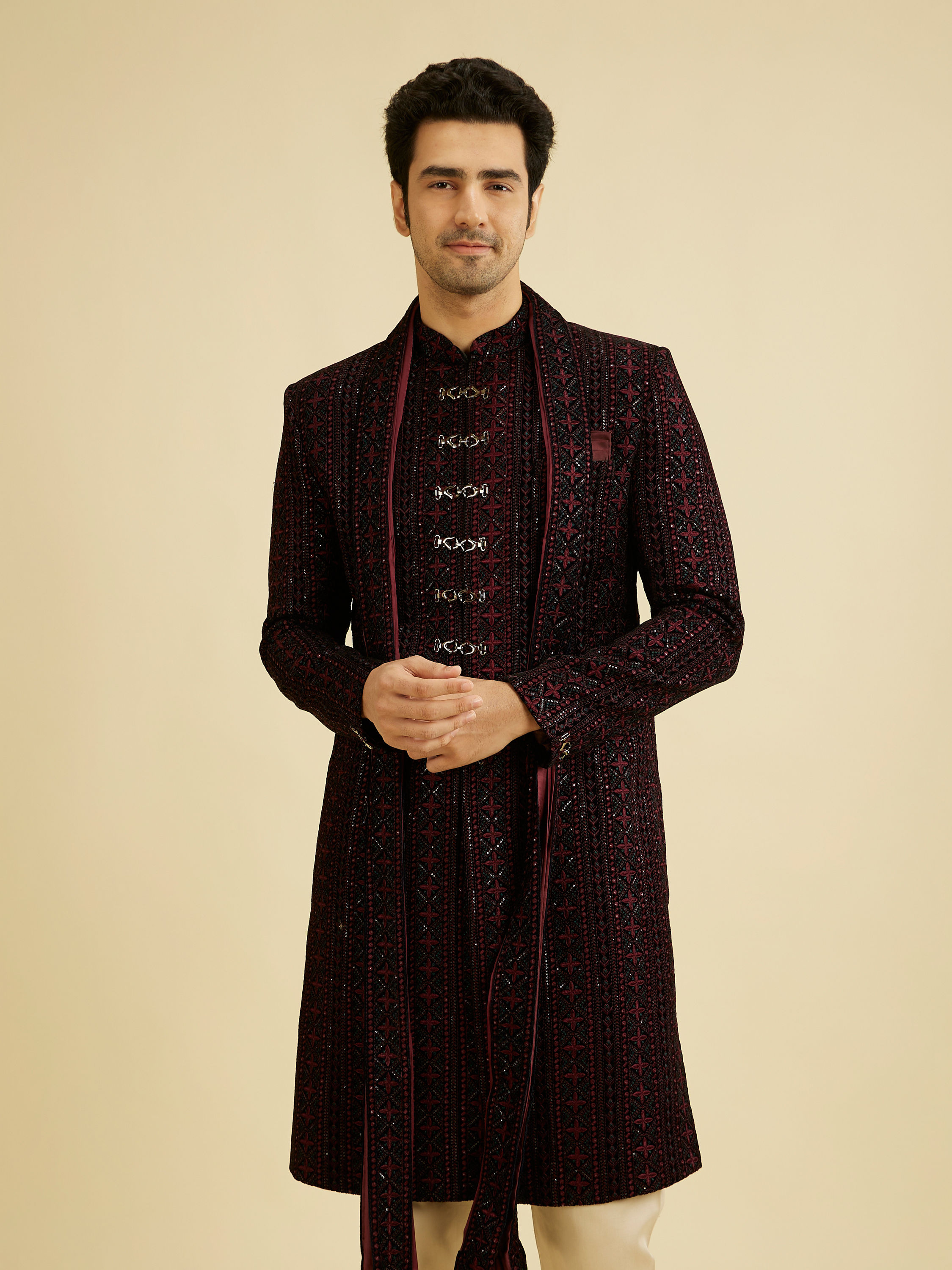 Manyavar Men Velvety Wine Elegance Sherwani