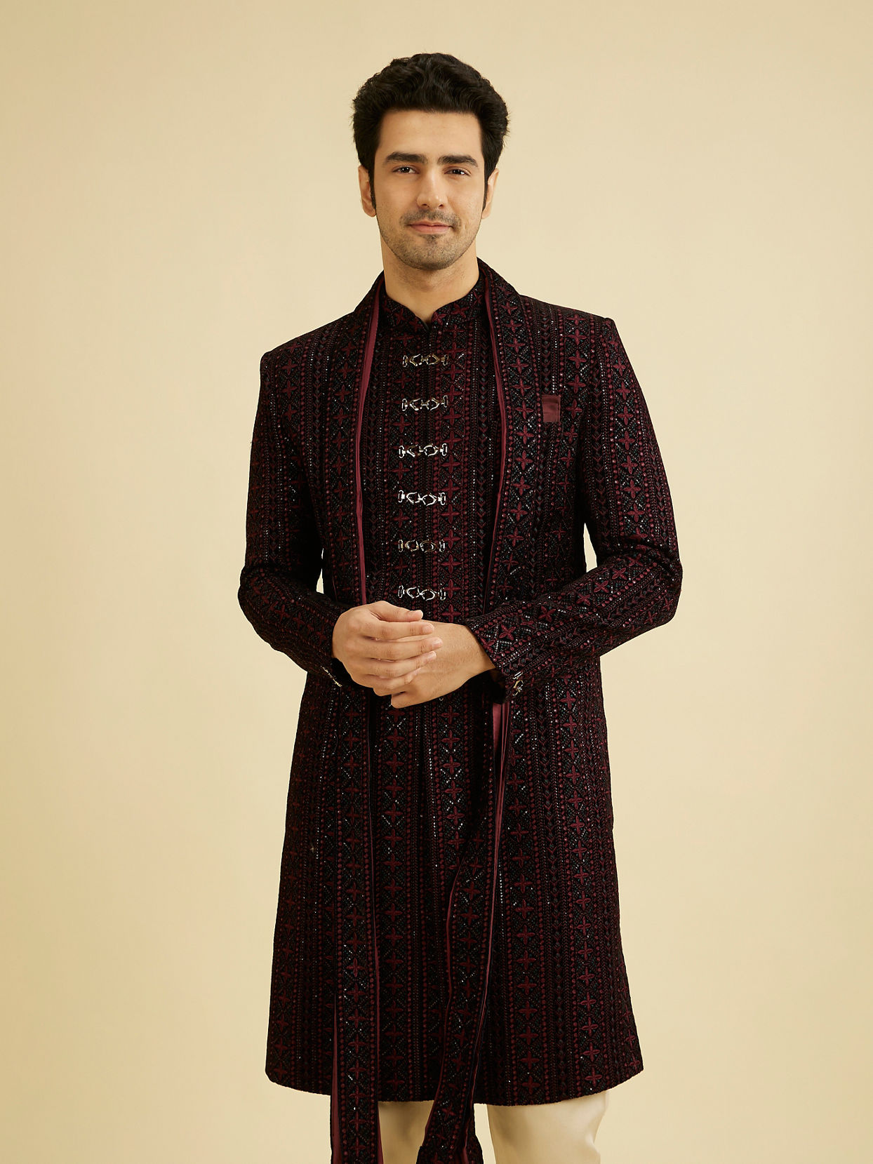 Manyavar Men Velvety Wine Elegance Sherwani image number 0