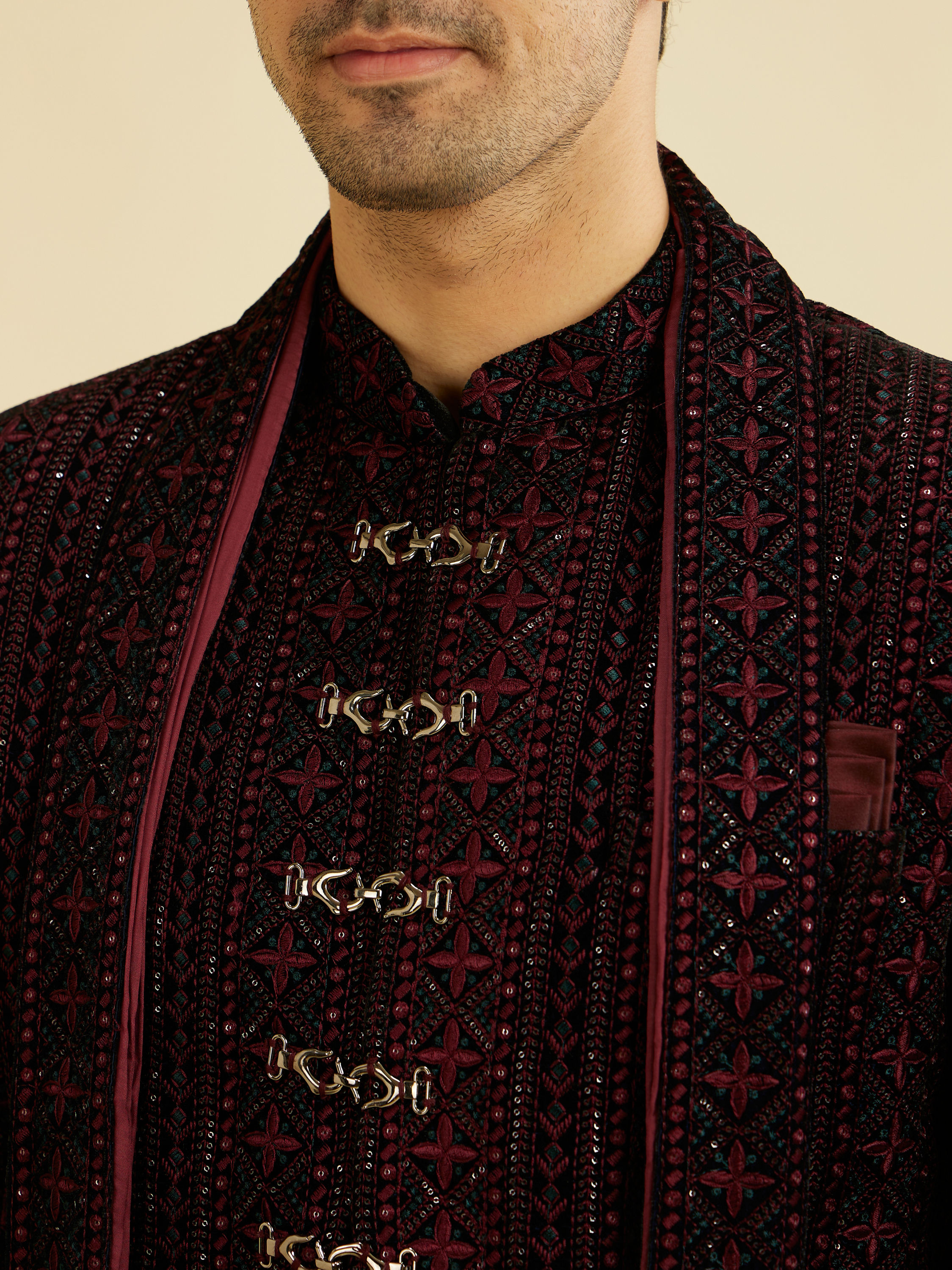 Manyavar Men Velvety Wine Elegance Sherwani