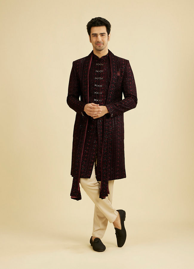 Manyavar Men Velvety Wine Elegance Sherwani