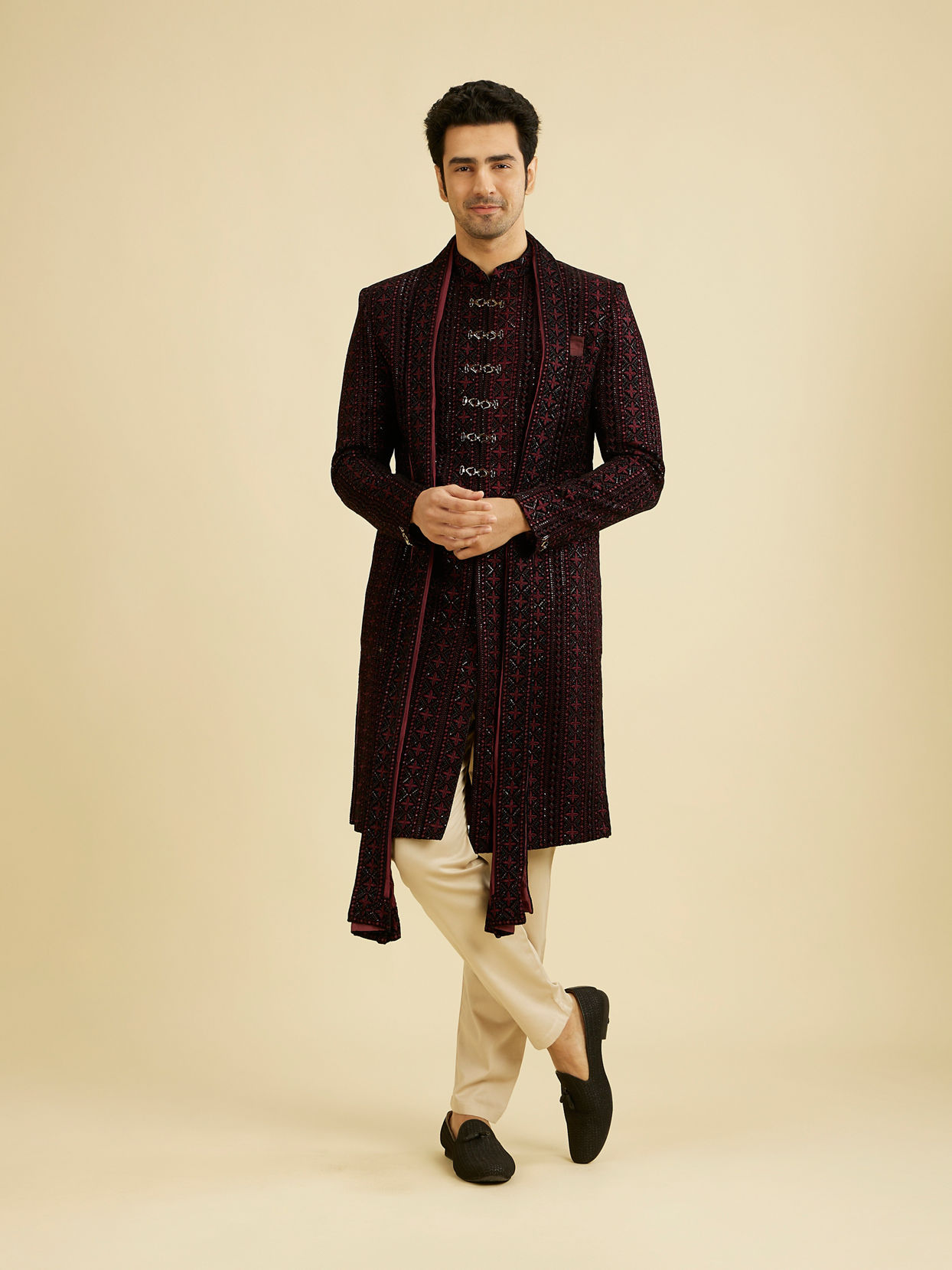 Manyavar Men Velvety Wine Elegance Sherwani image number 2