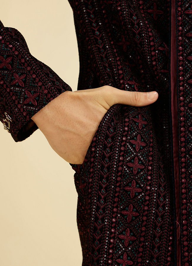Manyavar Men Velvety Wine Elegance Sherwani
