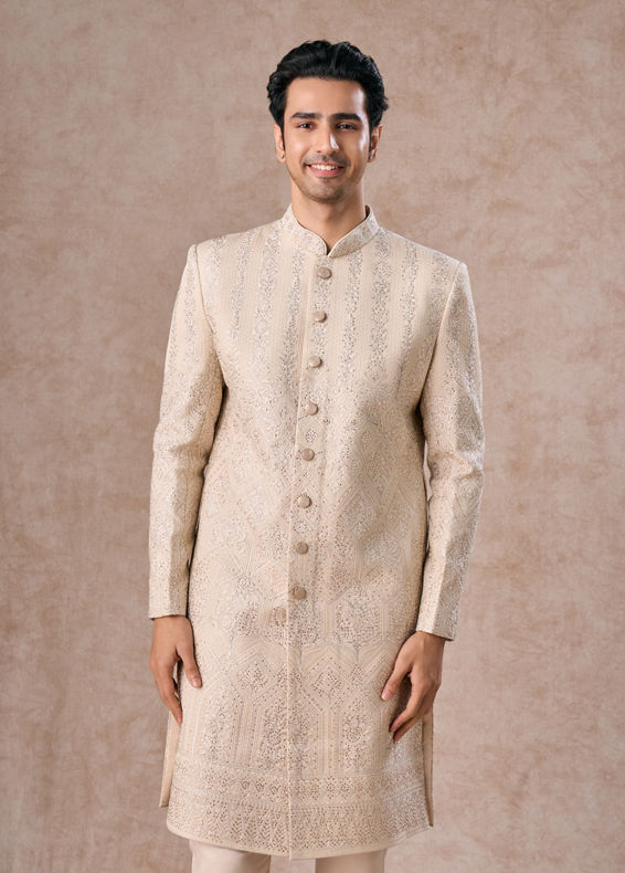 Manyavar Men Regal Beige Georgette Sherwani