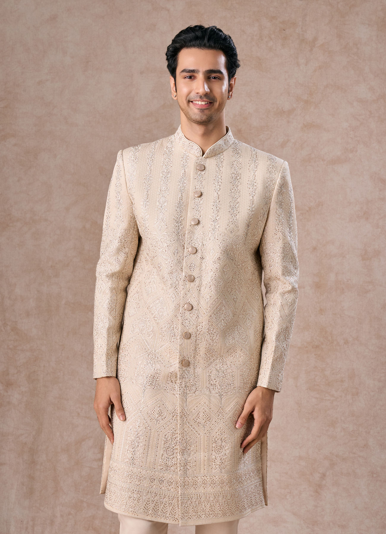 Manyavar Men Regal Beige Georgette Sherwani