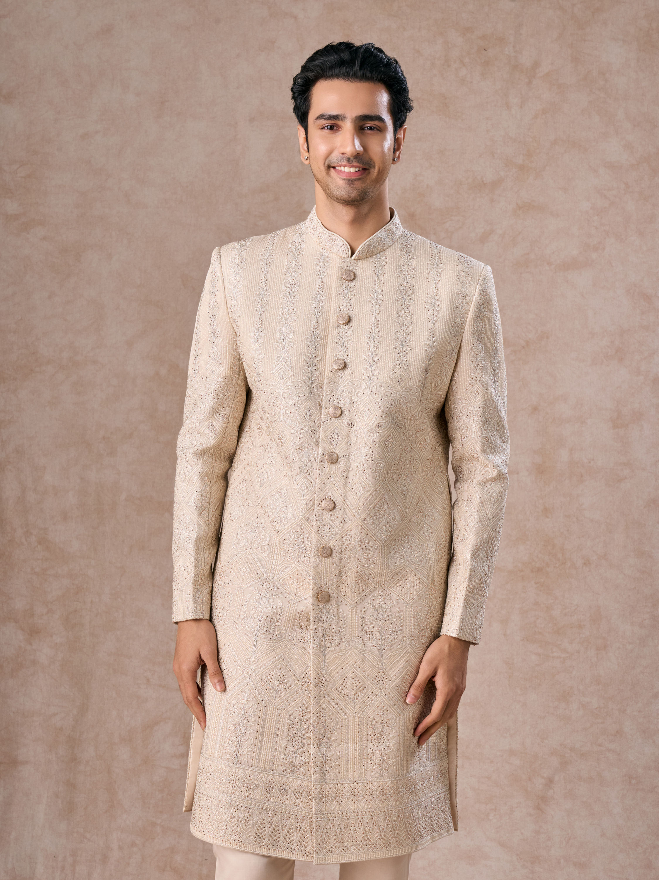 Manyavar Men Regal Beige Georgette Sherwani