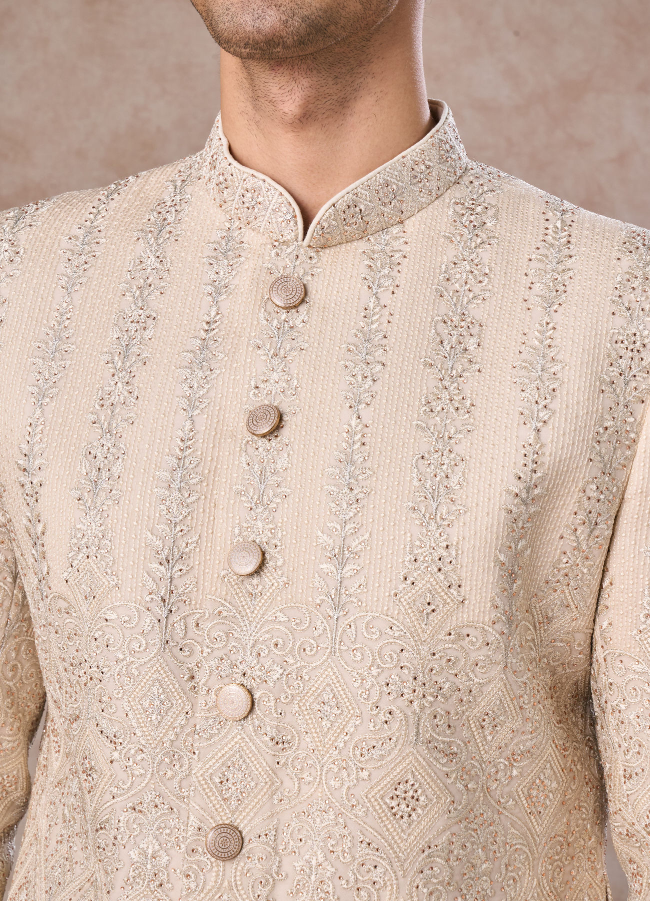 Manyavar Men Regal Beige Georgette Sherwani