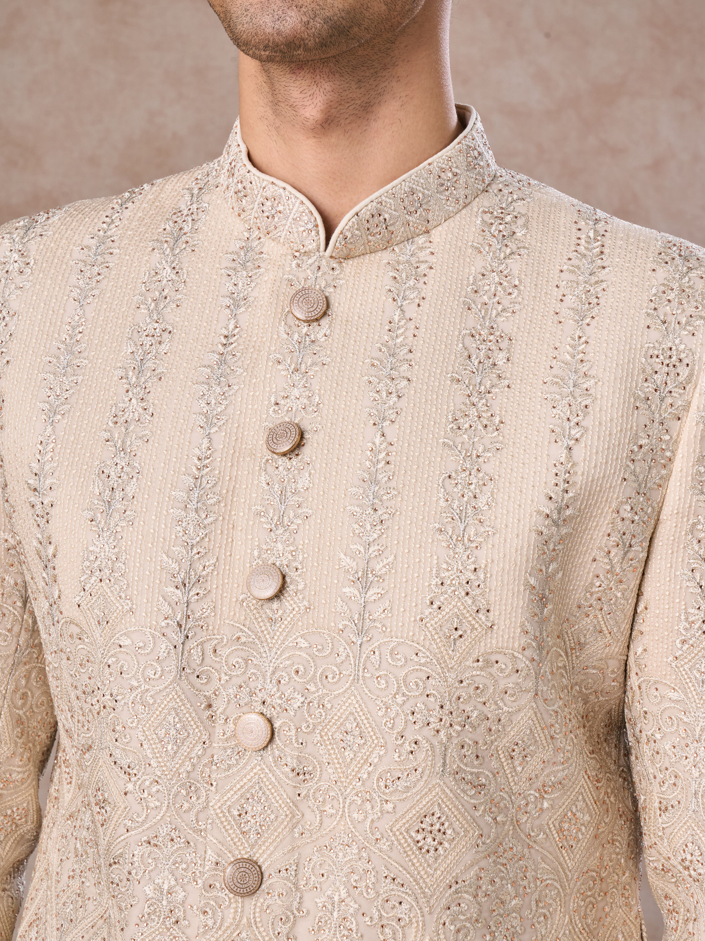 Manyavar Men Regal Beige Georgette Sherwani