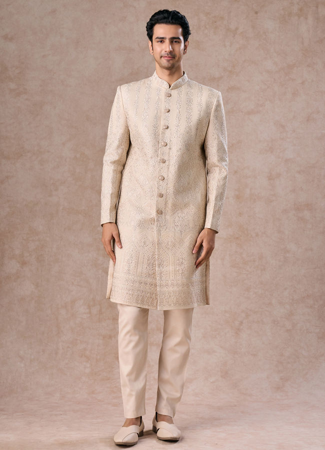 Manyavar Men Regal Beige Georgette Sherwani