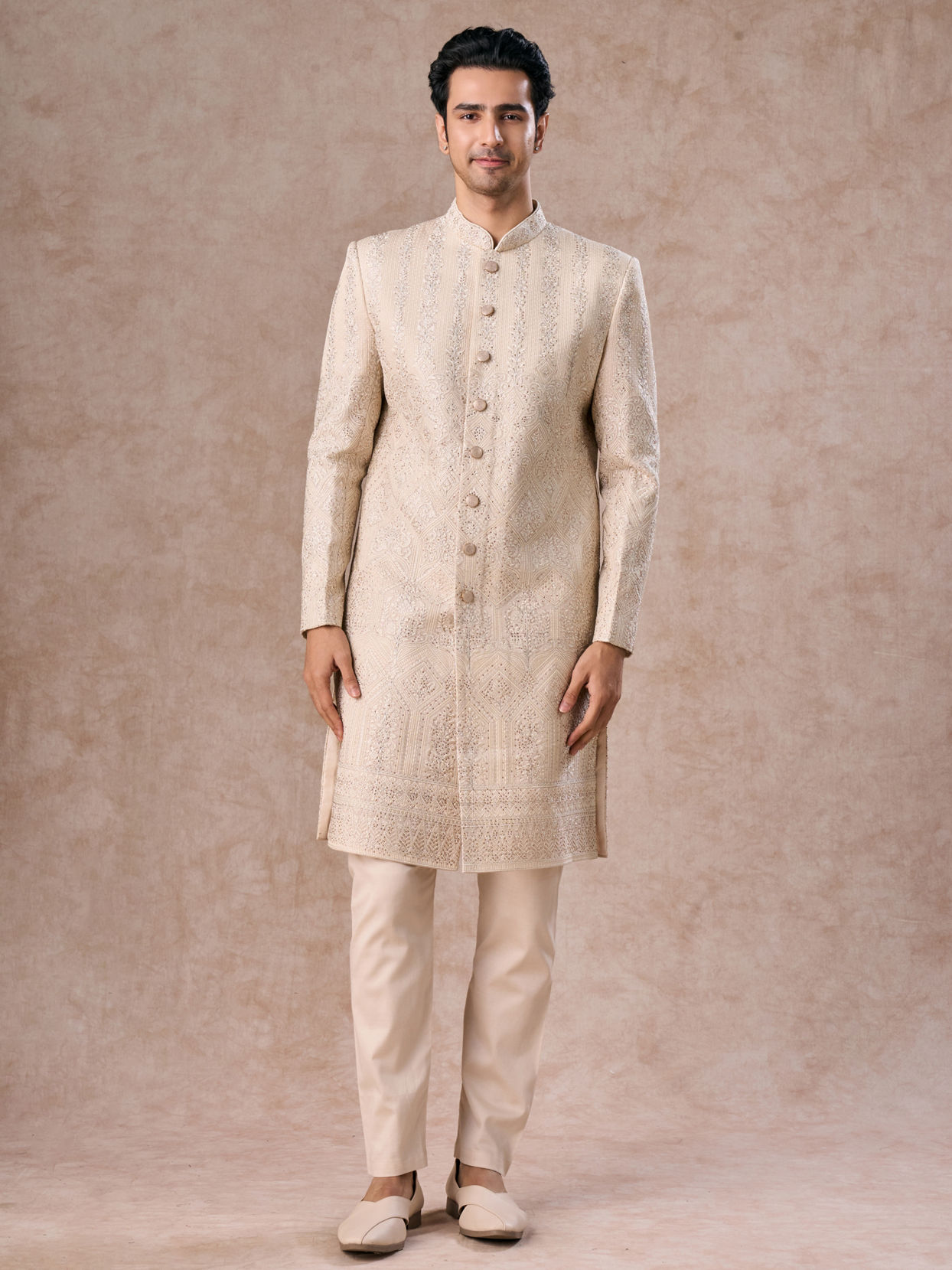Manyavar Men Regal Beige Georgette Sherwani