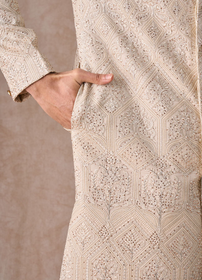 Manyavar Men Regal Beige Georgette Sherwani