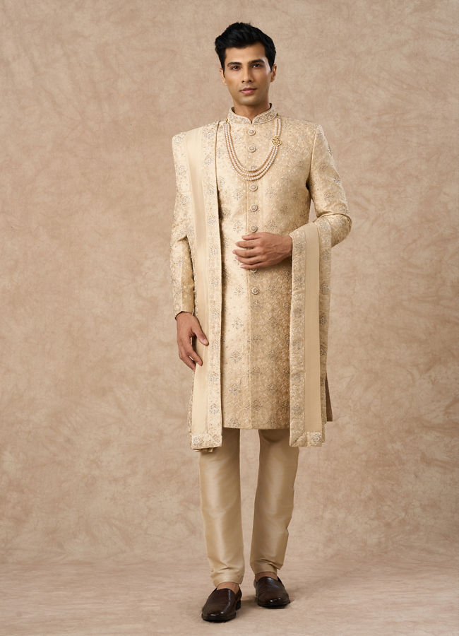 Manyavar Men Beige Art Silk Sherwani with Embroidery