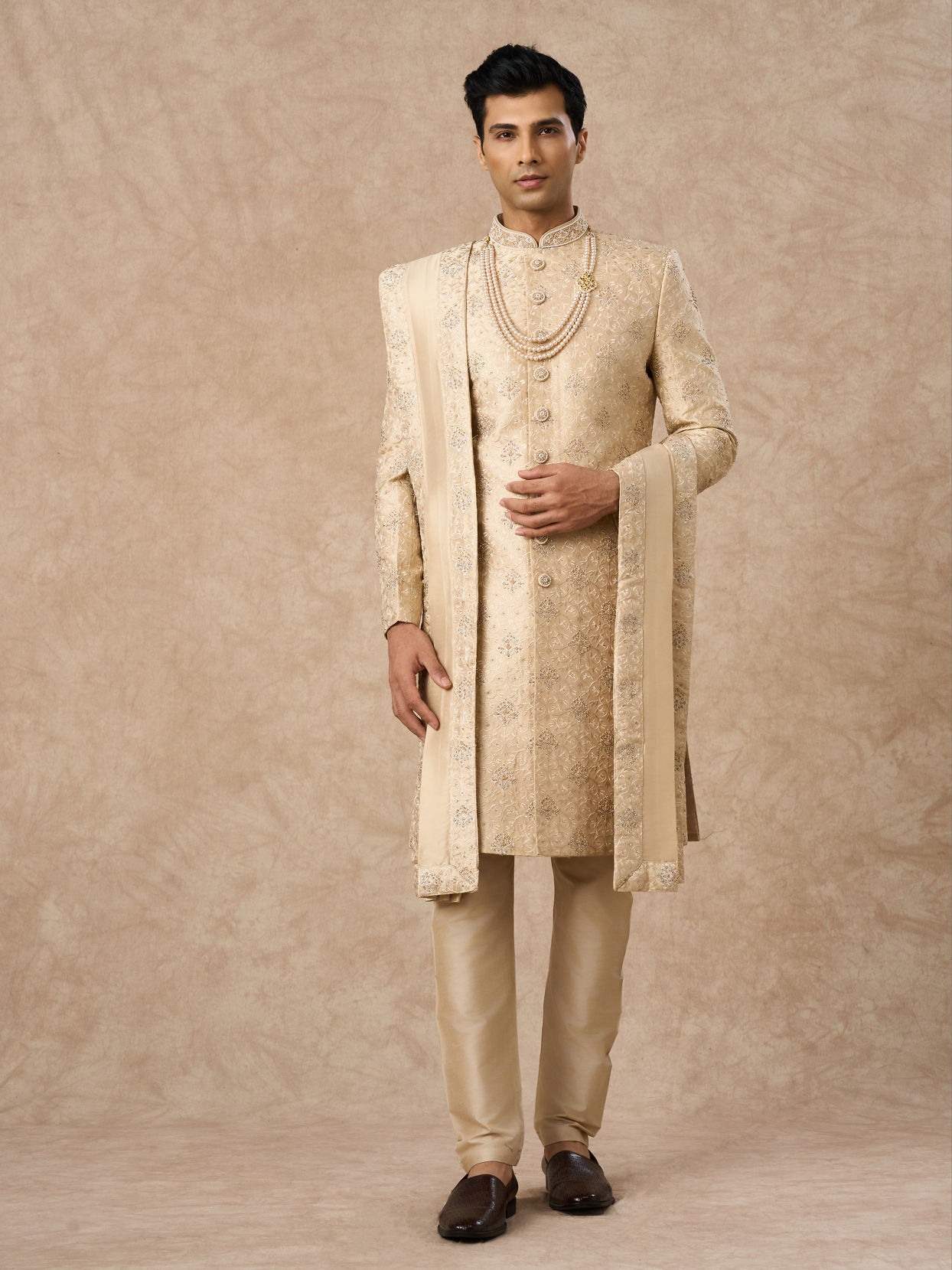 Manyavar Men Beige Art Silk Sherwani with Embroidery
