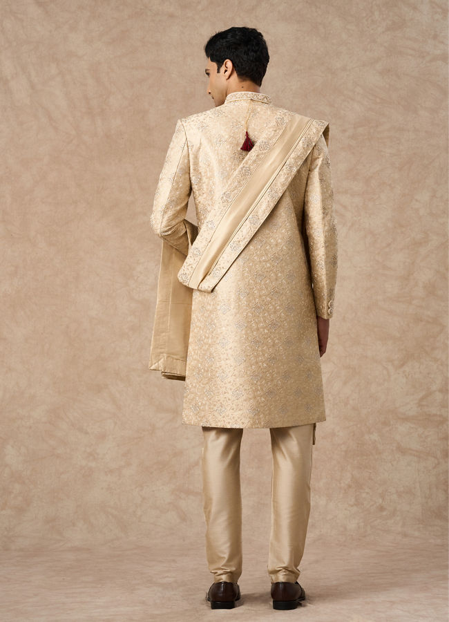 Manyavar Men Beige Art Silk Sherwani with Embroidery