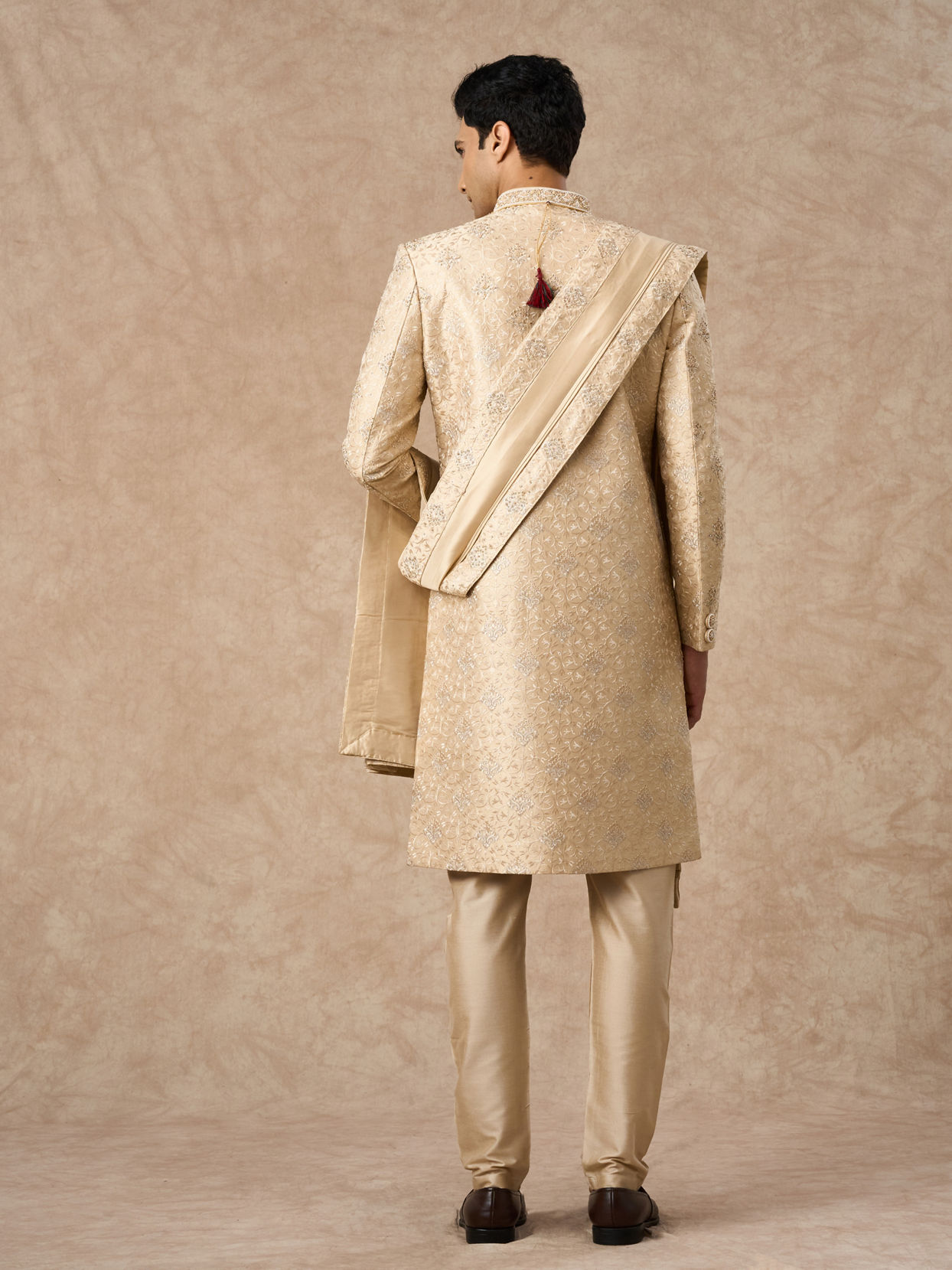 Manyavar Men Beige Art Silk Sherwani with Embroidery