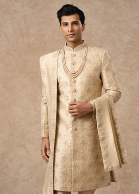 Manyavar Men Beige Art Silk Sherwani with Embroidery