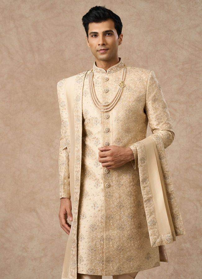 Manyavar Men Beige Art Silk Sherwani with Embroidery