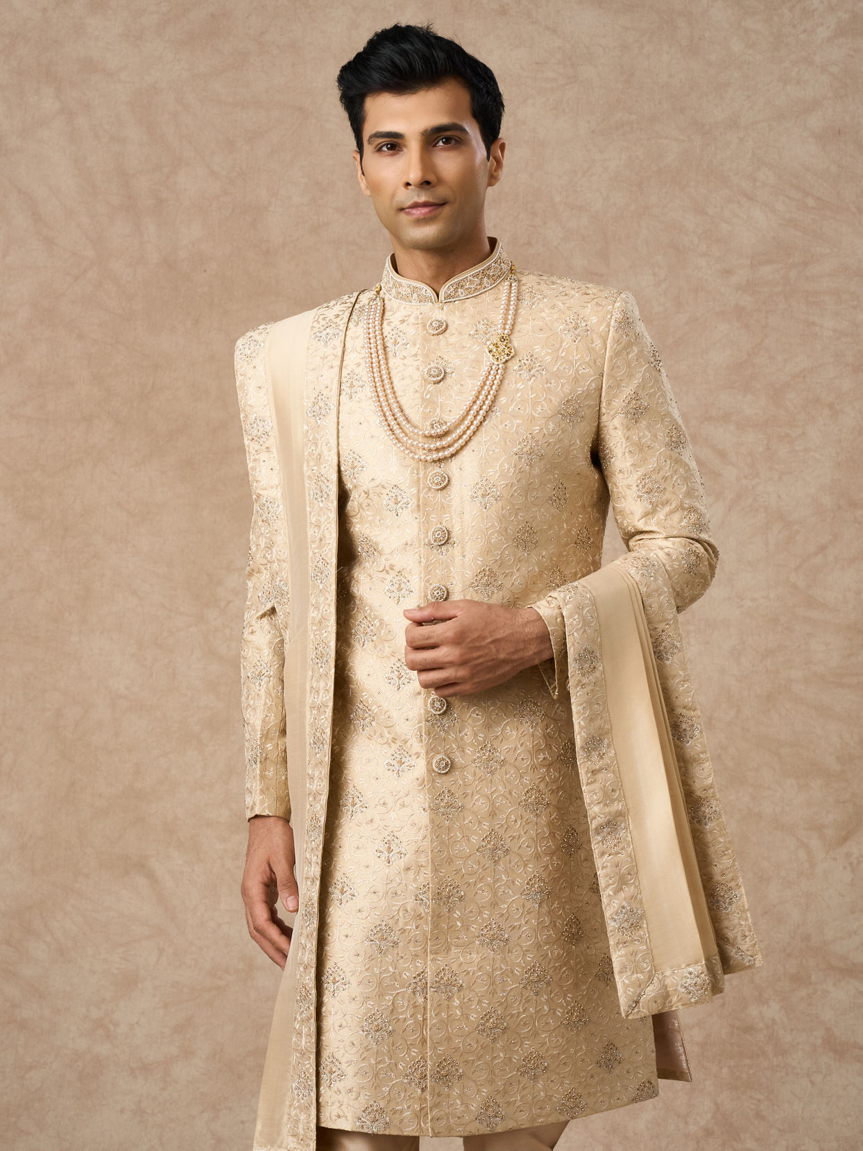 Manyavar Men Beige Art Silk Sherwani with Embroidery