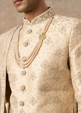 Manyavar Men Beige Art Silk Sherwani with Embroidery