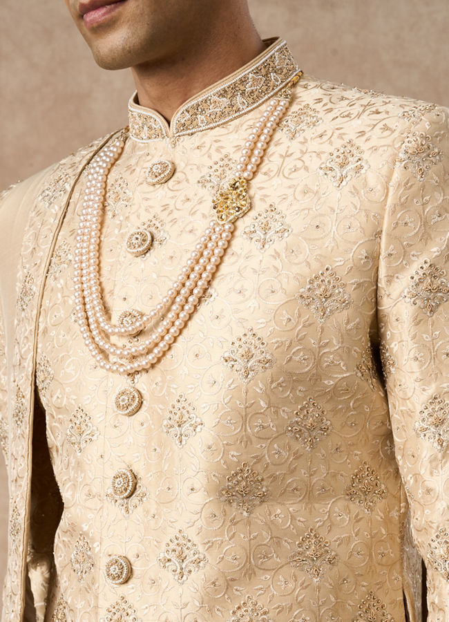 Manyavar Men Beige Art Silk Sherwani with Embroidery